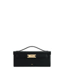 Black structured rectangular top handbag with a curved handle, gold-toned turn-lock clasp, and two thin front straps.
