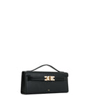 Black structured smooth material handbag with a top handle, front flap, gold-toned turn-lock closure, two straps, and JW PEI