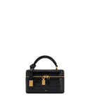 Black crocodile-embossed box bag with a top handle, gold-toned zipper, two lock-shaped pulls, and a hanging tag.