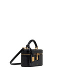 Dark brown croc-embossed box bag with a top handle, detachable strap, and gold-toned zipper closure with two pulls.