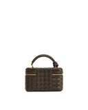 Dark brown woven texture box-shape top handle bag with two gold-toned front zippers. Curved handle has a knot detail.