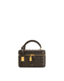 Dark brown woven texture box shape top handle bag with gold-toned hardware and a top zipper closure.