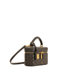 Dark brown woven texture box bag with a top handle, detachable strap, gold-toned zipper with two pulls, and front logo.