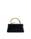 Black top-handle bag with a gold-toned snake handle, featuring a snake head and tail. Smooth black material.