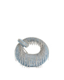 Light blue denim mini top handle bag with a circular shape, covered in silver-toned artificial crystal fringe.