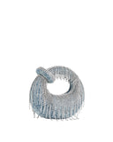 Light blue denim mini bag with a rounded, open center, adorned with cascading artificial crystals.
