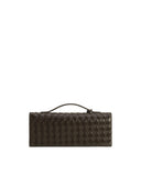 Dark brown woven textured envelope top handle bag.