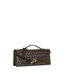 Dark brown woven textured envelope top handle bag with a gold-toned curved hook clasp on the front flap.