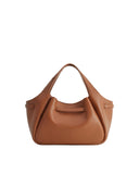 Dark brown pebbled faux leather tote bag with a soft, gathered design, cinched sides, and two top handles.