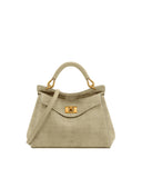 Light beige faux suede top handle bag with crocodile texture, gold-toned turn-lock clasp, and a thin shoulder strap.