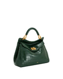 Dark green faux crocodile-embossed top handle bag with a curved handle, front flap, gold-toned turn-lock closure, and hardwar