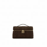 Dark brown textured fabric top handle bag with a smooth black handle and gold-toned double zipper pulls.