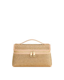 Champagne top handle bag covered in small gold-toned studs. Features a top handle and a front zipper with two gold-toned pull