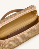 Champagne top handle bag covered in gold-toned studs. It has a champagne handle, gold-toned zipper, and gold lining with an i