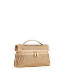 Champagne top handle bag covered in gold-toned studs. It has a front zipper with two rectangular gold-toned pulls.