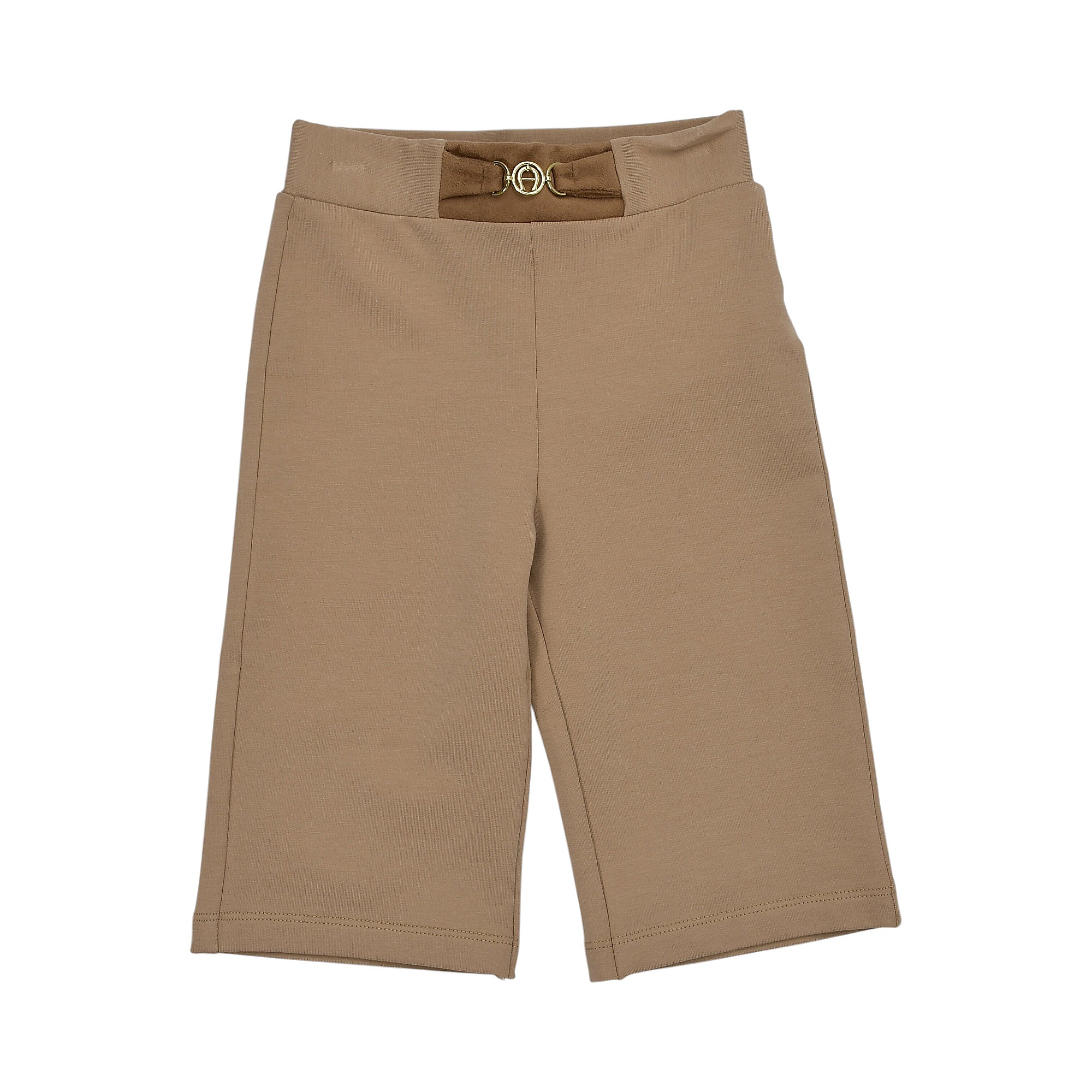 Beige-brown wide-leg cropped pants with a brown velvet-like waistband and a gold-toned buckle featuring an 'E' design.