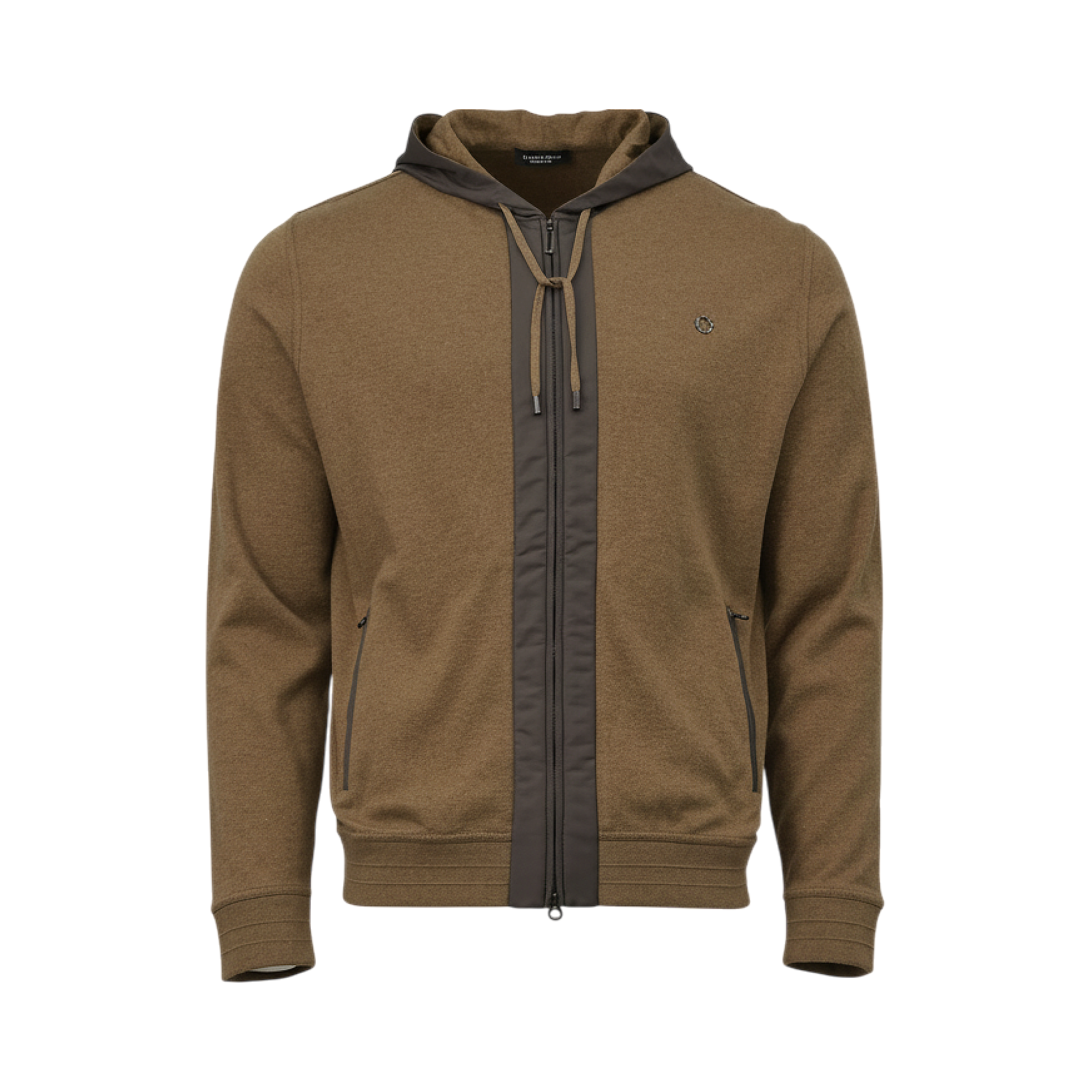 Brown knit full-zip hoodie with dark brown central panel, hood lining, drawstrings, ribbed cuffs and hem, and a small chest e