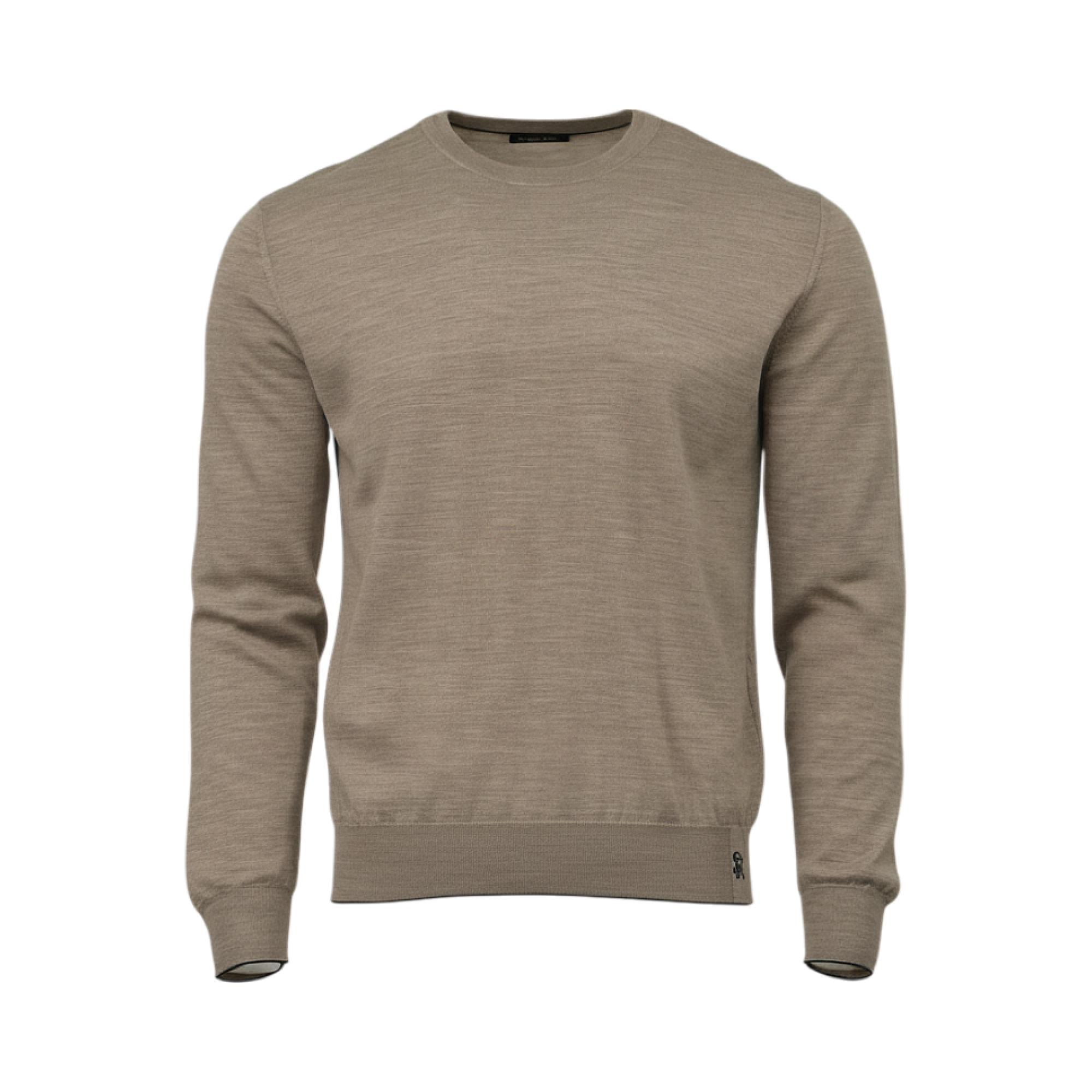 Beige crew neck fine knit sweater with long sleeves, ribbed cuffs, and a ribbed hem with a small black emblem.