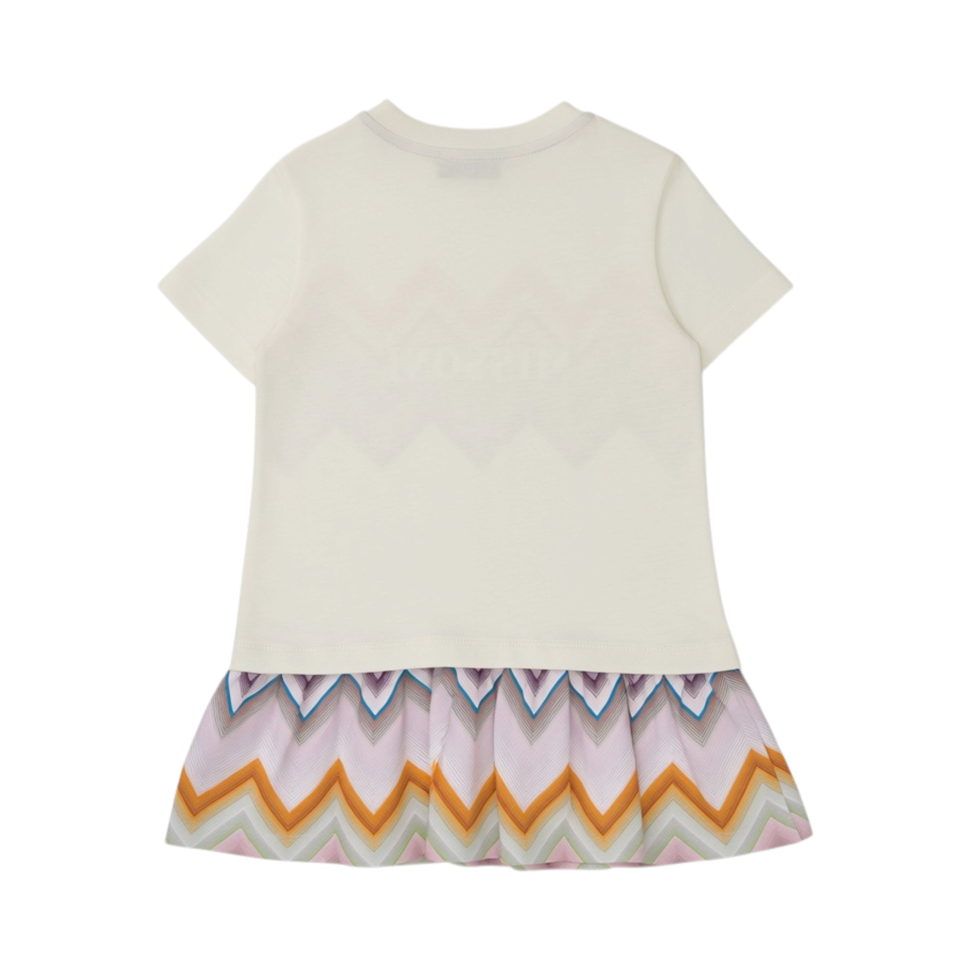 Back view of an off-white short-sleeve dress with subtle chevron pattern on top and a pleated skirt with colorful chevron str