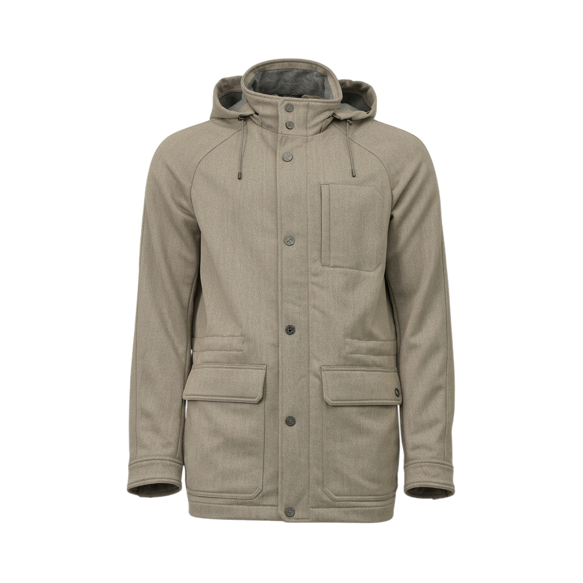Beige hooded jacket with a subtle textured weave, button front, two flap pockets, one chest pocket, and hood drawstrings.