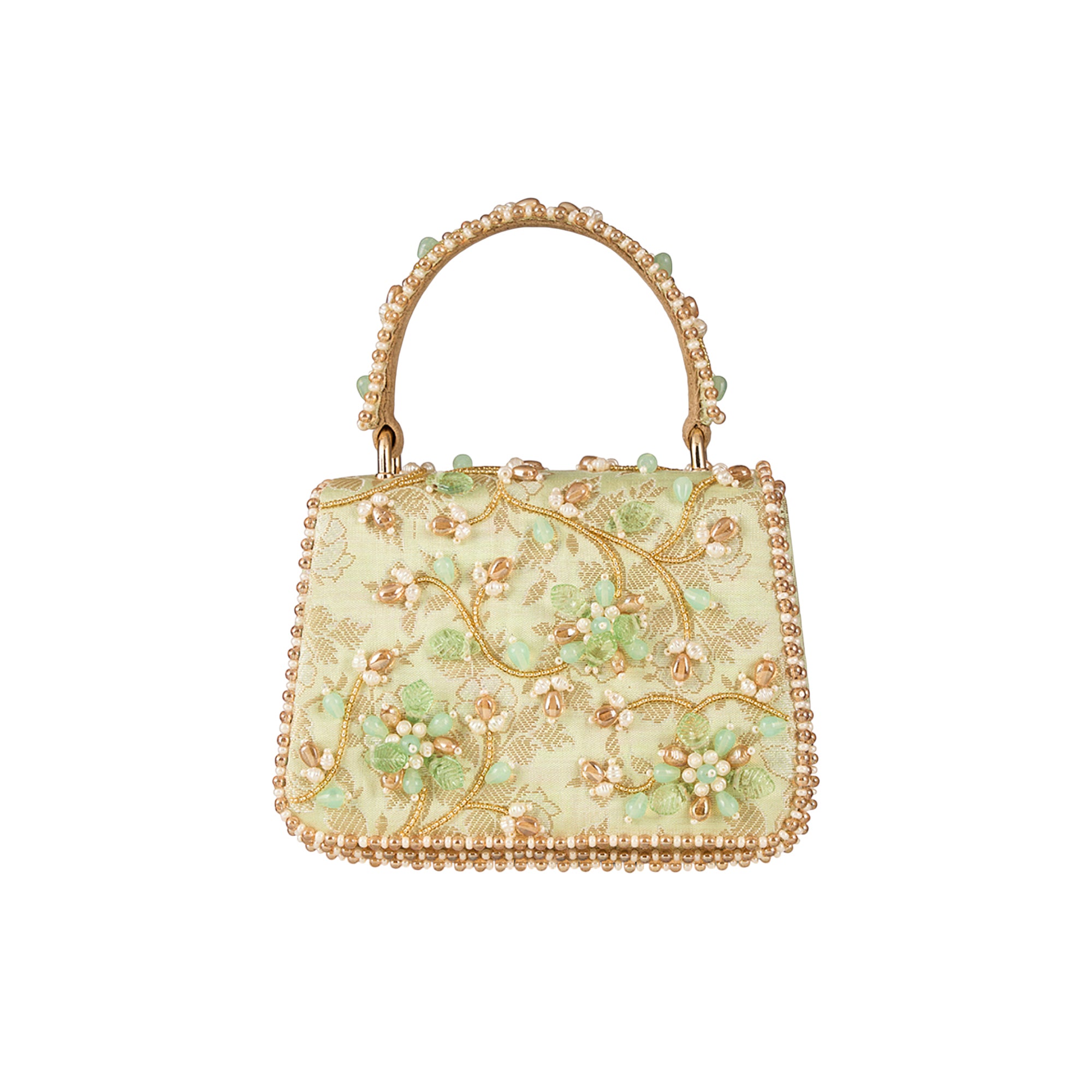 Jade green trapezium handbag with gold-toned embroidery, light green beads, and white faux pearls, featuring a beaded top han