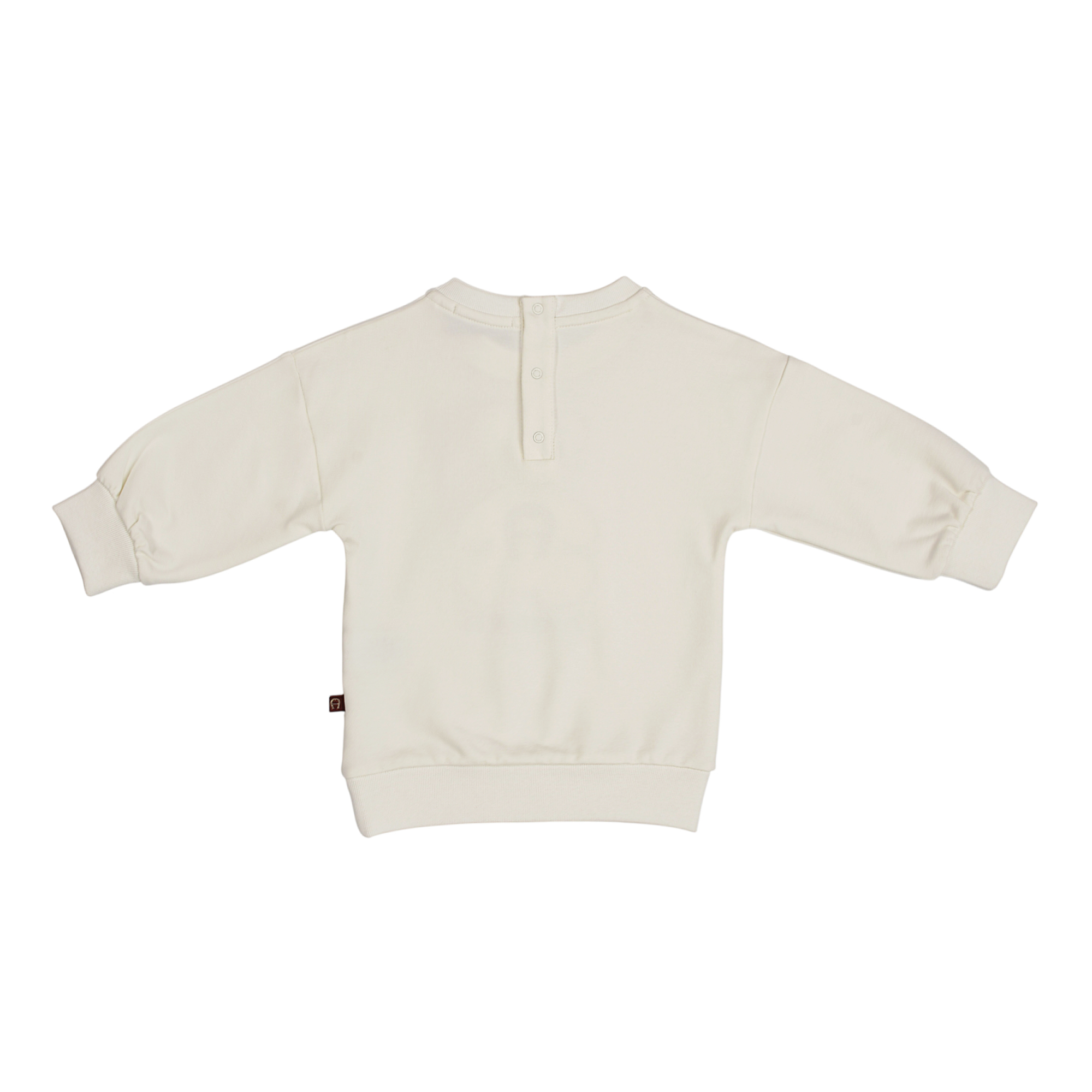 Beige long-sleeved sweatshirt with a ribbed crew neck, three buttons on the back, ribbed cuffs, and a ribbed hem.