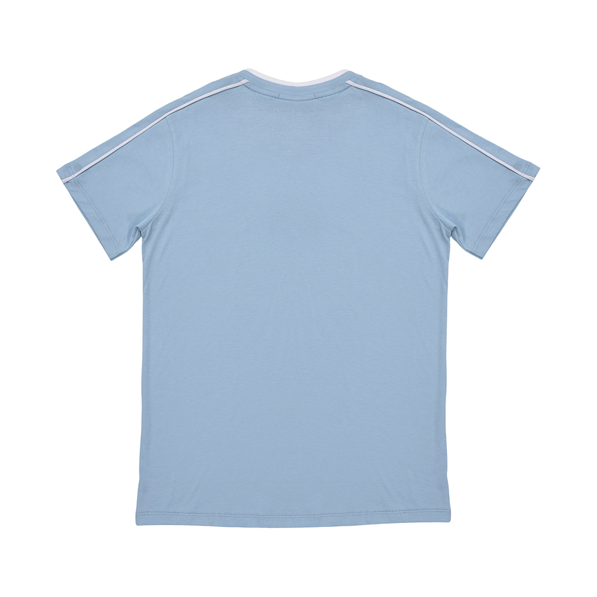Light blue short-sleeve t-shirt with a white ribbed crew neck and white stripes along the shoulders.