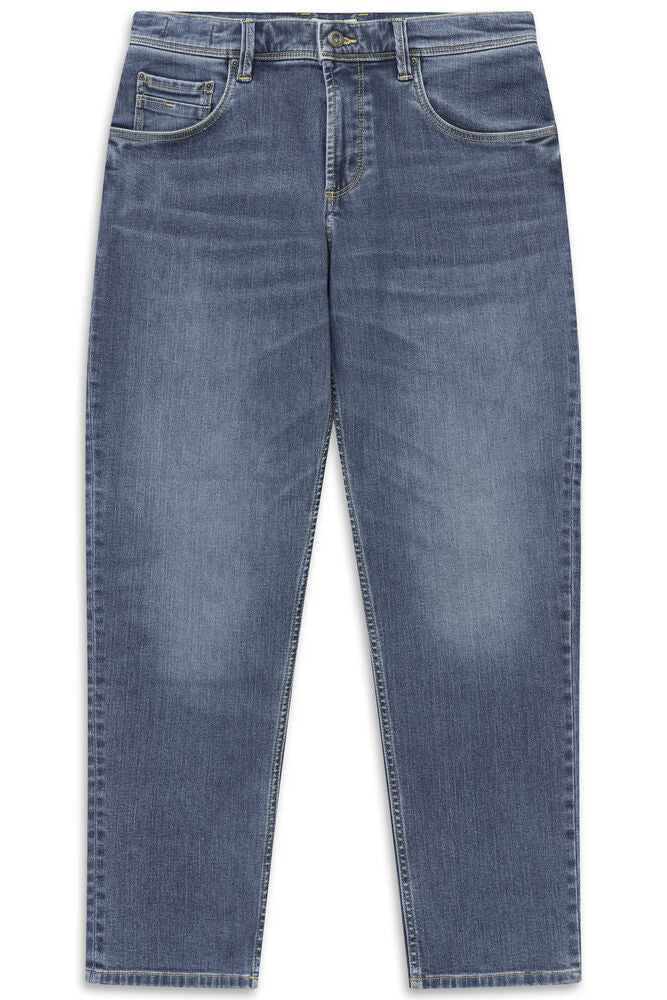 A pair of light blue denim jeans with a straight leg, five pockets, a button and zip fly, and contrasting yellow stitching.