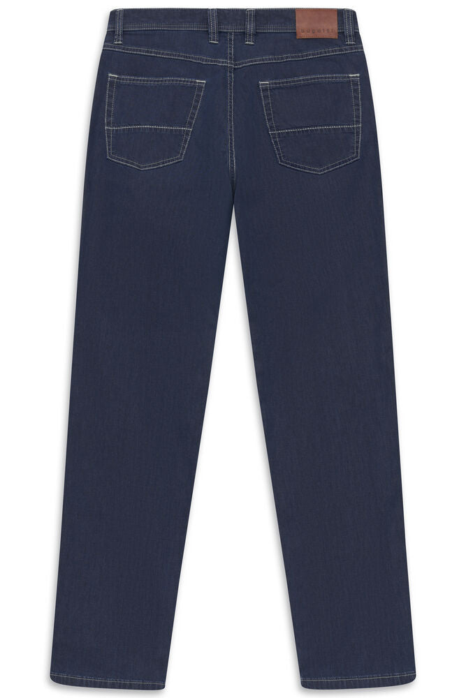 Dark blue denim jeans, back view, with two rectangular back pockets and a brown leather-like patch on the waistband. White co
