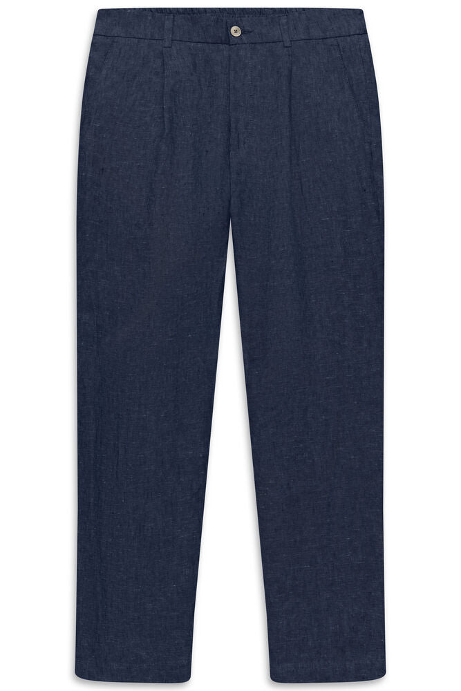 Dark blue pleated trousers with side pockets, belt loops, and a button and zip fly closure.
