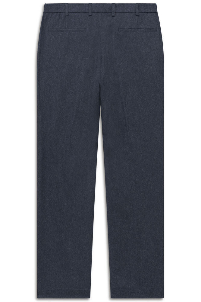 Navy blue trousers with a textured fabric, featuring a waistband with belt loops and two back welt pockets. Straight leg styl