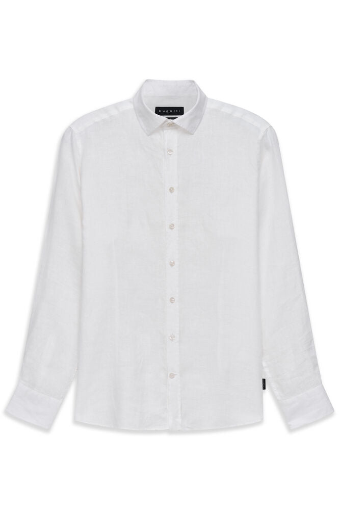 White Bugatti men's casual long sleeve linen shirt with a classic collar, full button placket, and buttoned cuffs.