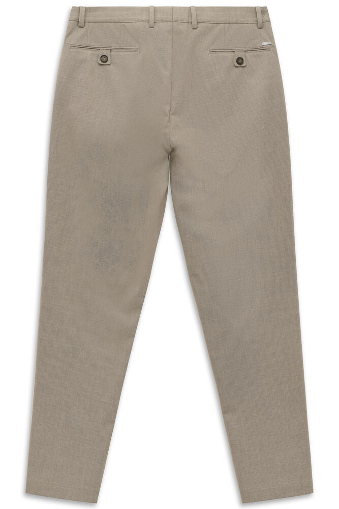 Light brown trousers, back view, with a textured weave. Features a waistband with belt loops and two buttoned back welt pocke
