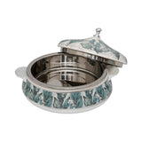 Casa Blu insulated serving casserole dish featuring a teal and white Lily of the Valley floral pattern with polished chrome handles and lid knob.