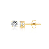 Pair of gold-toned stud earrings, each with a clear, round brilliant-cut stone in a four-prong setting and a butterfly back.