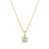 Gold-toned delicate chain necklace with a square, clear Asscher-cut stone pendant held by four prongs.