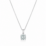 Silver-toned necklace with a delicate chain and a square, clear Asscher-cut pendant in a prong setting.