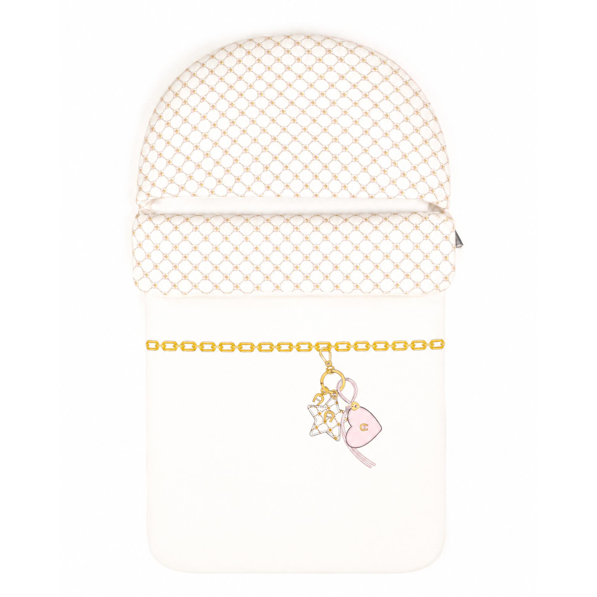 Beige baby nest with a quilted upper section and an embroidered gold-toned chain with star, heart, and bag charms.