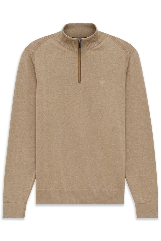 Beige long-sleeved men's quarter-zip knit sweater with a ribbed stand-up collar, ribbed cuffs, and hem.
