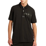 Black men's short-sleeved polo shirt with a classic collar, two white buttons on the placket, and tonal chest logos.
