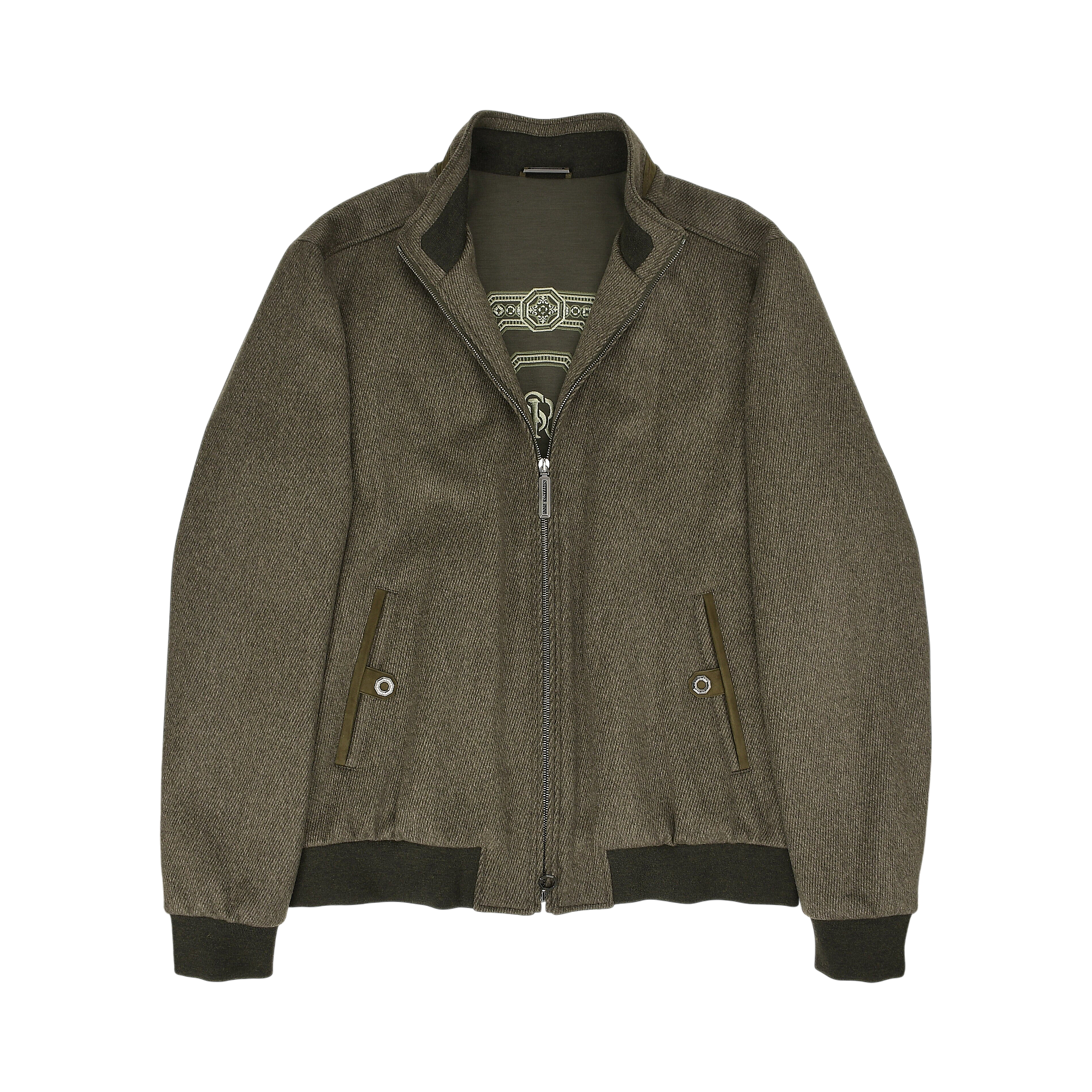 Dark green sport jacket with textured fabric, stand collar, silver-toned zipper, two front snap pockets, ribbed cuffs and hem
