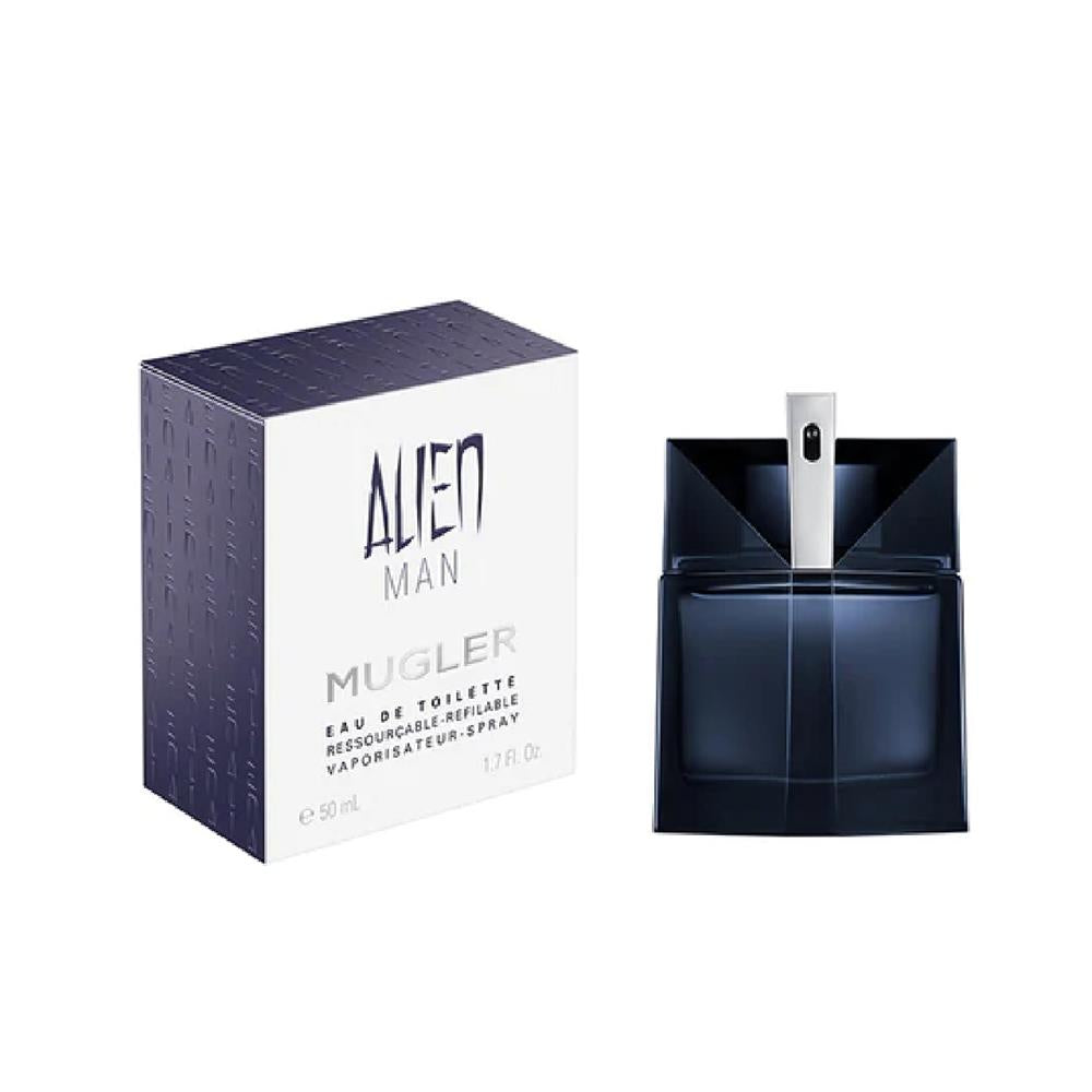 White box with dark blue textured side. Dark blue rectangular fragrance bottle with angled top panels and a silver-toned spra