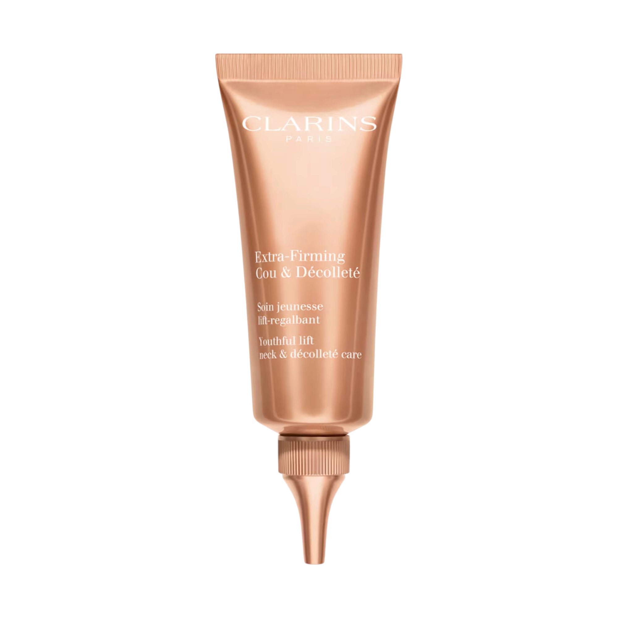 Rose gold-toned Clarins Extra-Firming Neck & Décolleté Care 75ml tube with a ribbed cap and tapered applicator.