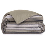 Folded duvet cover set. One side is solid olive green. The other side features horizontal woven stripes in white, grey, black