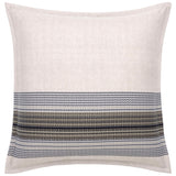 Light beige square pillow cover with a horizontal band of textured stripes in white, gray, blue, brown, and olive green.