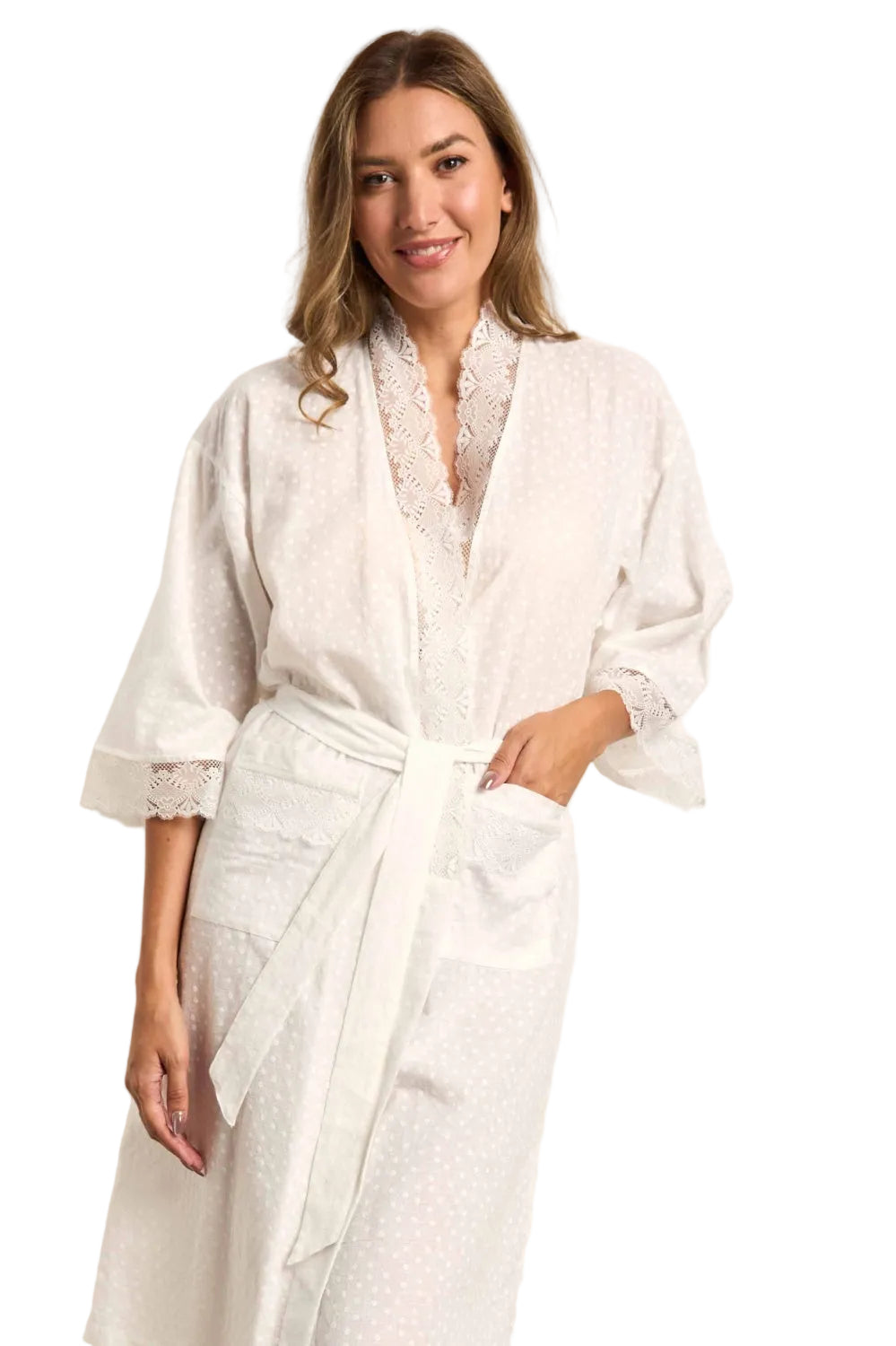 Cream embossed daisy kimono with lace trim on the V-neckline, sleeve cuffs, and front patch pockets, featuring a self-tie bel