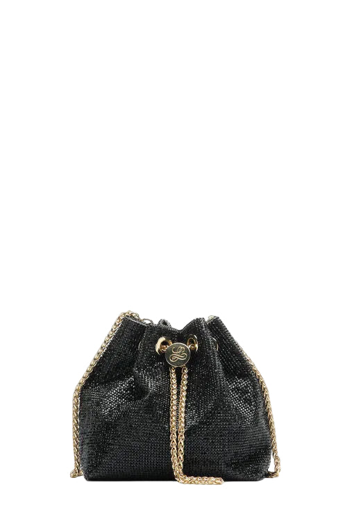 Black shimmering bucket bag with gold-toned chain strap and circular 'LS' logo emblem on the drawstring closure.