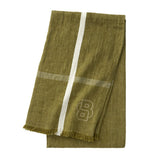 Olive green throw blanket with a white vertical stripe, a light beige horizontal herringbone stripe, fringed ends, and an int