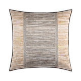 Square pillow with a central panel of gray and white horizontal stripes, flanked by gold-toned and white striped panels, with