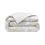 Folded duvet cover set with pale green and white floral pattern, grey outlines, and a light textured reverse side.